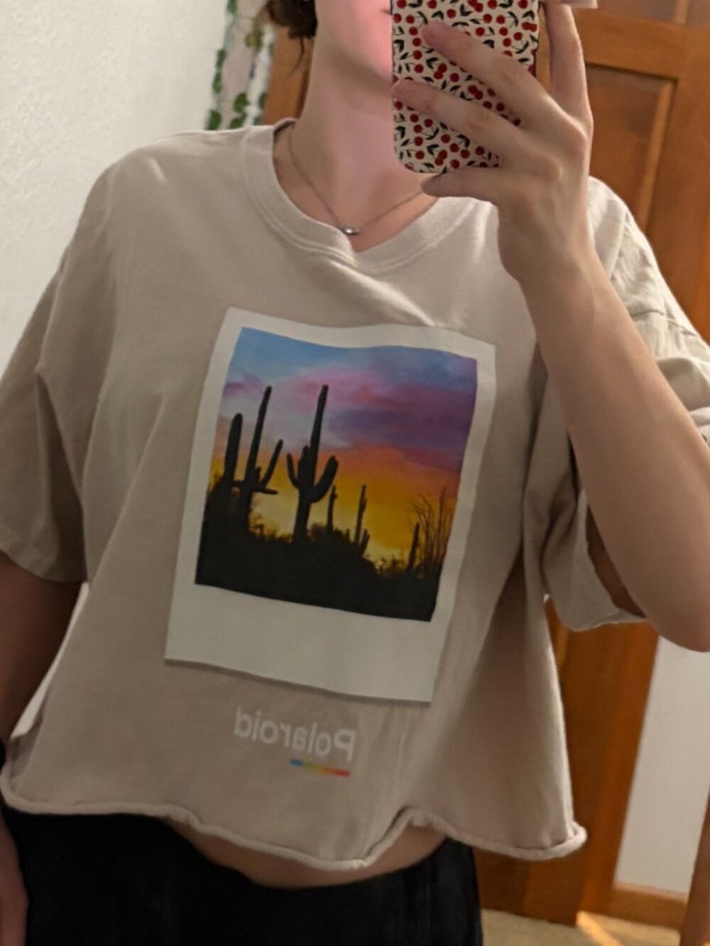 Polaroid Desert Sunset Graphic Cropped Boxy Tee Tan S/M Cotton T-Shirt